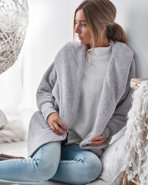 Loose Plush Cardigan Coat Soft Hooded Long Sleeve